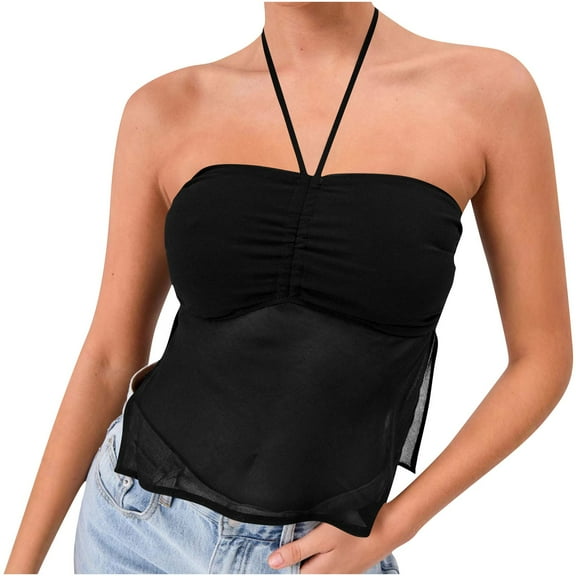 Youyipin Womens Tank Tops Women's Ruched Spaghetti Strap Backless Layered Ruffle Hem Peplum Halter Going Tops For Women