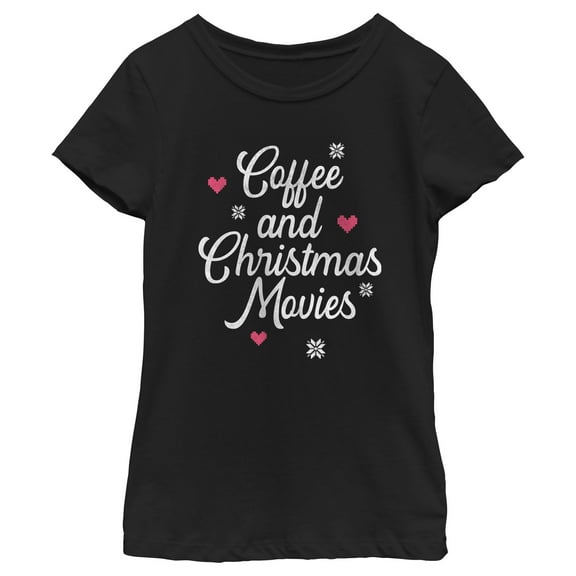 Girl's Lost Gods Coffee and Christmas Movies Distressed Graphic Tee Black Small