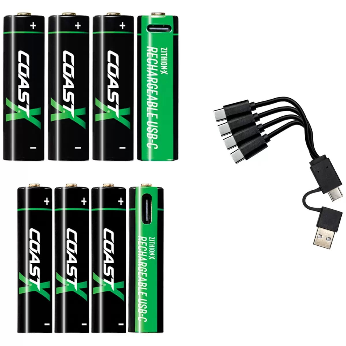 Coast, Zithion-X AA AAA Rechargeable Lithium Batteries 8 Pack, USB