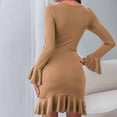thumbnail image 4 of Trumpet Long Sleeve Dress for Women Crewneck Solid Color Slim Fitted Ruffle Dress Fashion Casual Work Mini Dress, 4 of 5
