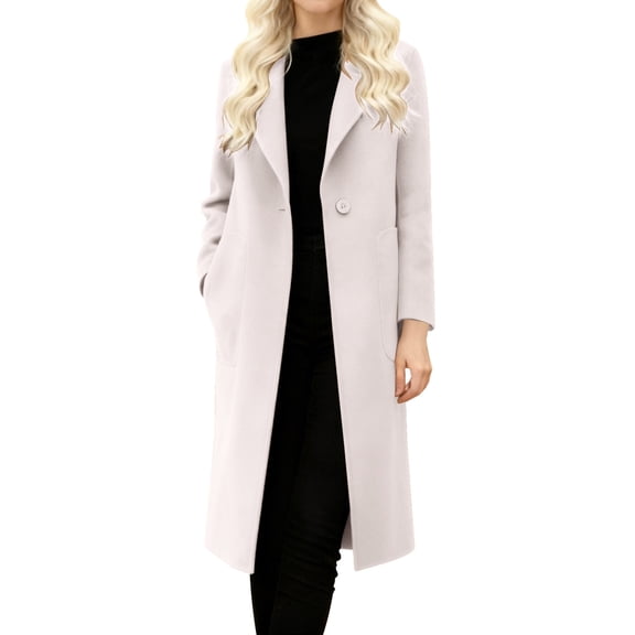 IWRICH Women's Big Notch Lapel Single Mid-Long Wool Blend Coat White XL