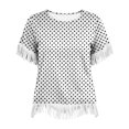thumbnail image 4 of Uootdi Beach Tops for Women Crew Neck Short Sleeve Fringe Trim Cuff And Hem Polka Dot Print Soft Knit Boho Tops for Women Loose Fit Beach Vacation Lightweight Airy Womens Tees, 4 of 6