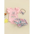 thumbnail image 2 of Xingqing Newborn Baby Girl My 1st Easter Outfit Short Ruffle Sleeve Rabbit Bodysuit Bunny Romper and Floral Shorts Set, 2 of 7