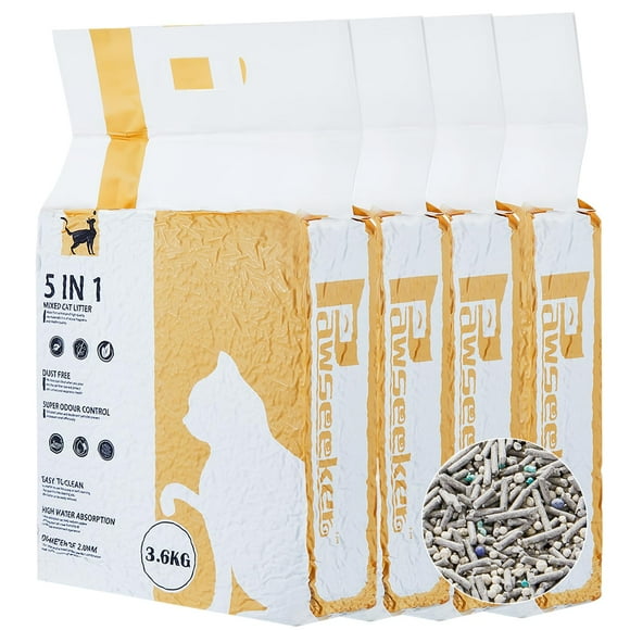 Pawsayes Cat Litter Mixed Tofu Flushable Dust Free Clumping Kitty 5 in 1 Formulas Quick Clumping Ultra Absorbent Superior Odor Control Low Tracking Cat Litter (3.6kg x 4 Bags)