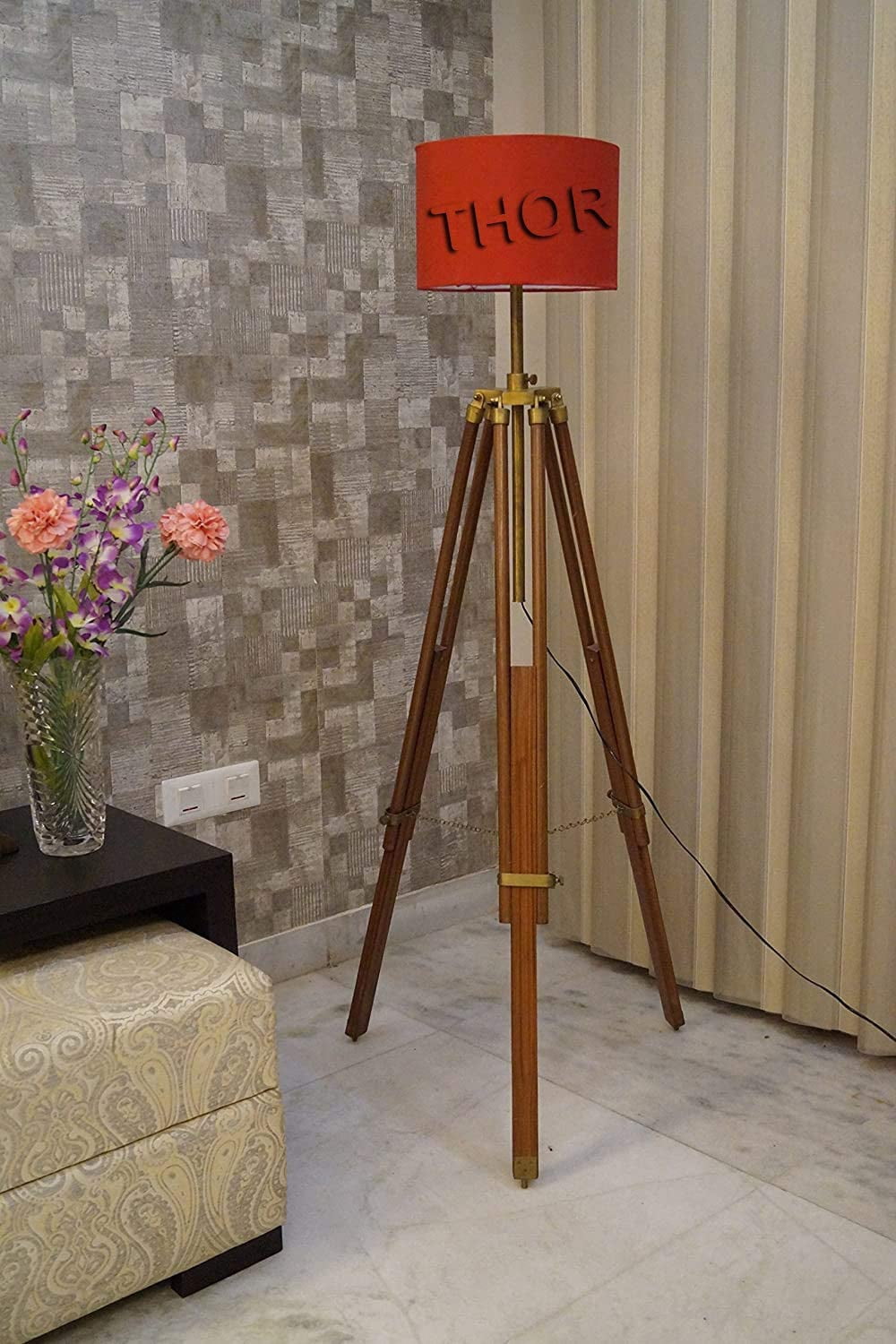 Industrial Royal Nautical Tripod Floor Lamp Wood for Living Room Bedrooms Adjustable Stand (Shade Not Included)