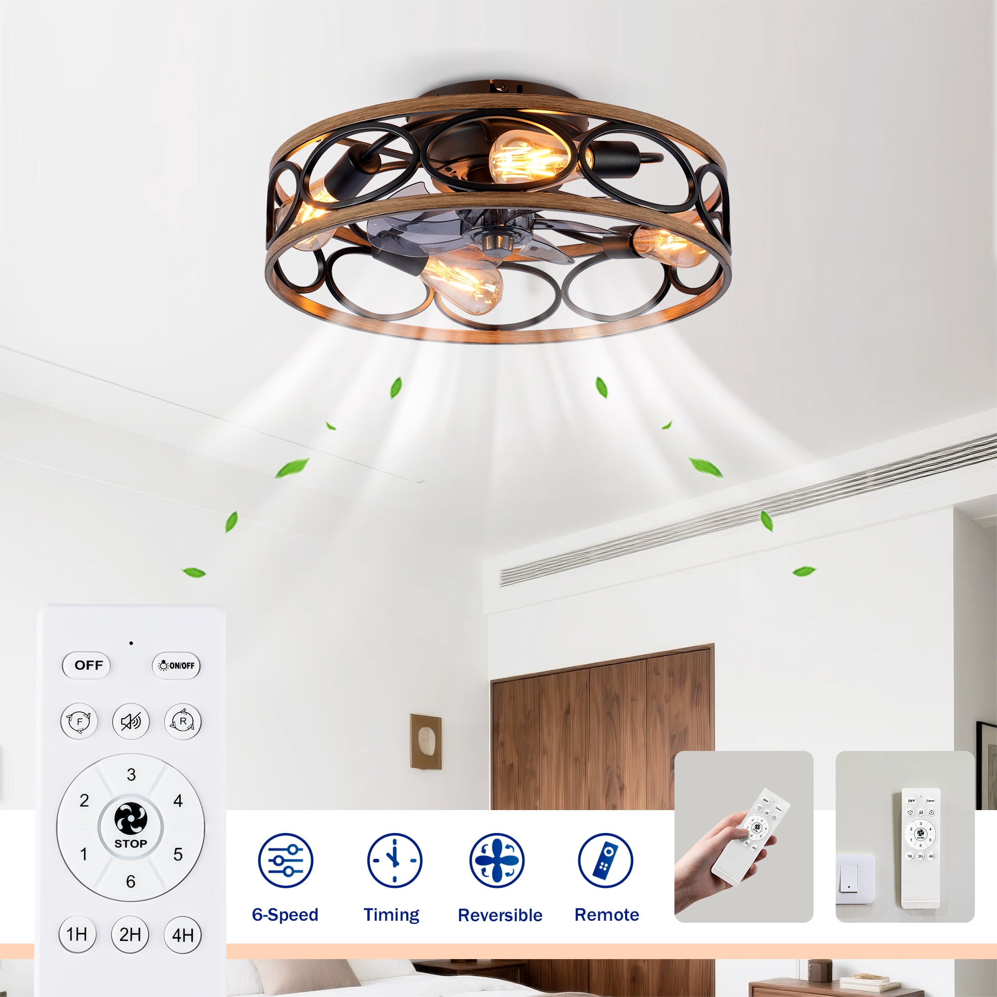 Leumius 20" 7 Blades Caged Ceiling Fan with Light and Remote, Flush Mount Caged Ceiling Fan 6 Speed Reversible with Remote Control for Living Room Bedroom Dining Room (NOT Included Bulbs)