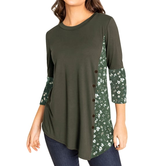 ManHanLi Women Floral Print Crew Neck 3/4 Sleeve Buttons Irregular Hem Top