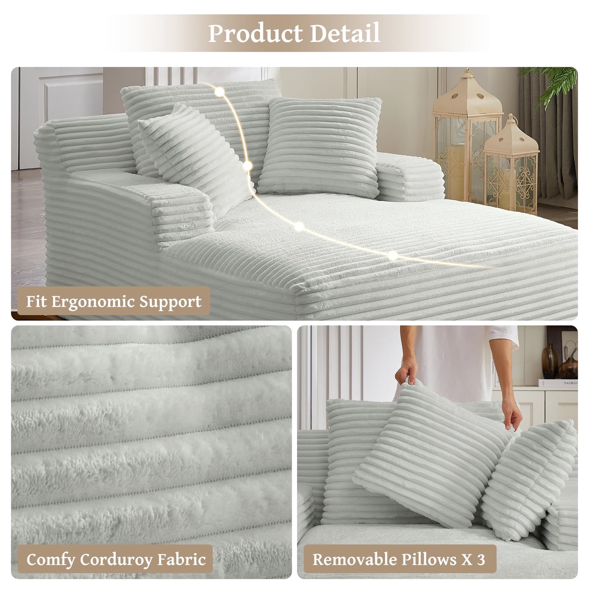 Aukfa 66" Oversized Chaise Lounge Indoor Boneless Couch Plush Sofa Bed for Living Room, 3Pillows, Light Gray