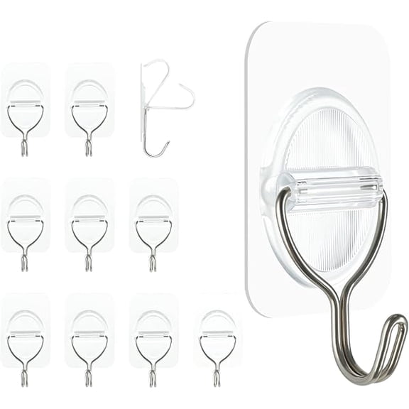 Adhesive Wall Hooks No Damage, Stick On Hooks for Hanging 10 Pack - Transparent Stainless Steel 5KG Heavy Duty, Waterproof Removable (3.5x5.3cm) Kitchen Bathroom Office, Ganchos para Pared