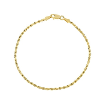 2 Mm Rope Bracelet - 10k Yellow Gold Diamond Cut Hollow Rope Chain Bracelet and Anklet for Men & Women, 2mm