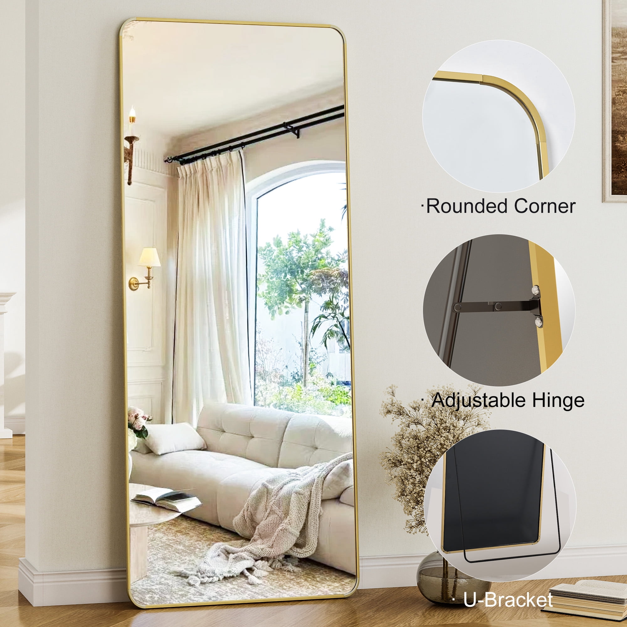 Puremirror 65"x24" Rounded Corner Floor Mirror Full Length Mirror with Metal Frame, Gold