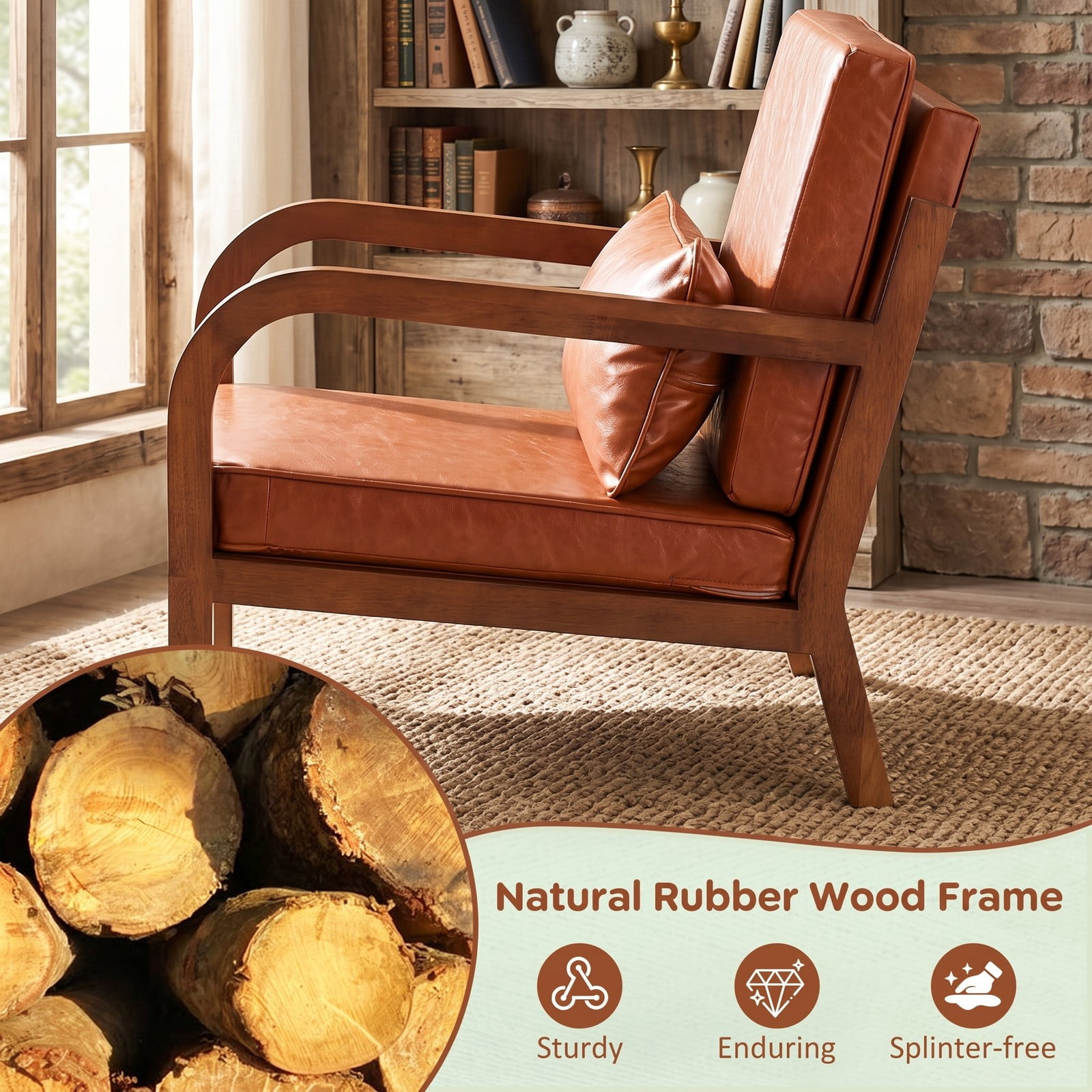 Furnibear Modern Accent Chair, Faux Leather Linen Fabric Upholstered Armchair with Removable Lumbar Pillow, Rubber Wood Frame Single Sofa Chair for Living Room, Brown