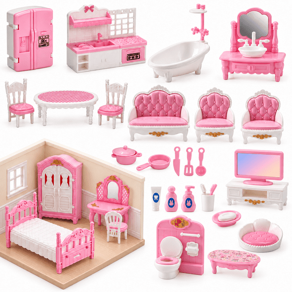 32 Pcs Dollhouse Furniture Set, 1:12 Scale Miniature Doll House Accessories, Bedroom Living Room Kitchen Bathroom CRoom, Pretend Play Toys for Kids Age 3