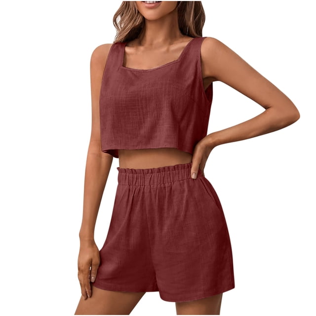 Womens 2 Piece Outfits Lounge Matching Sets Cotton Linen Shorts Open Back Crop Tops Trendy Clothes Summer Vacation Set