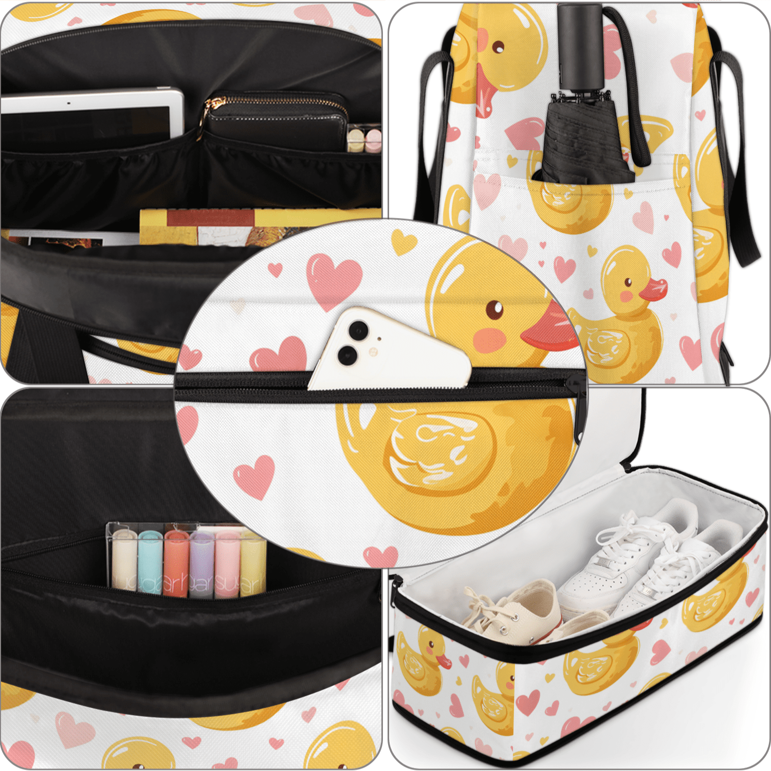 Herdesigns Cute Duck Foldable Travel Duffel Bag for Women Men, Pink Love Weekend Overnight Carry On Bags with Shoe Compartment