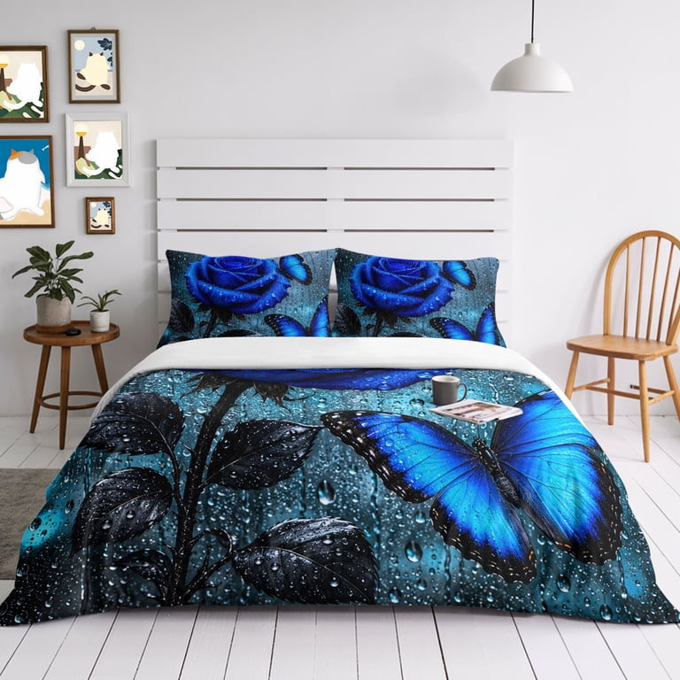 Romantic Queen Duvet Cover Set, Blue Rose Blossom Butterfly Glass Water ...