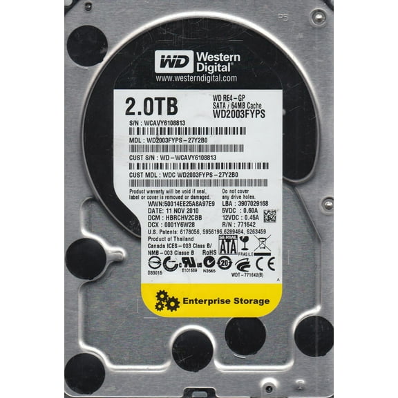 WD2003FYPS-27Y2B0, DCM HBRCHV2CBB, Western Digital 2TB SATA 3.5 Hard Drive