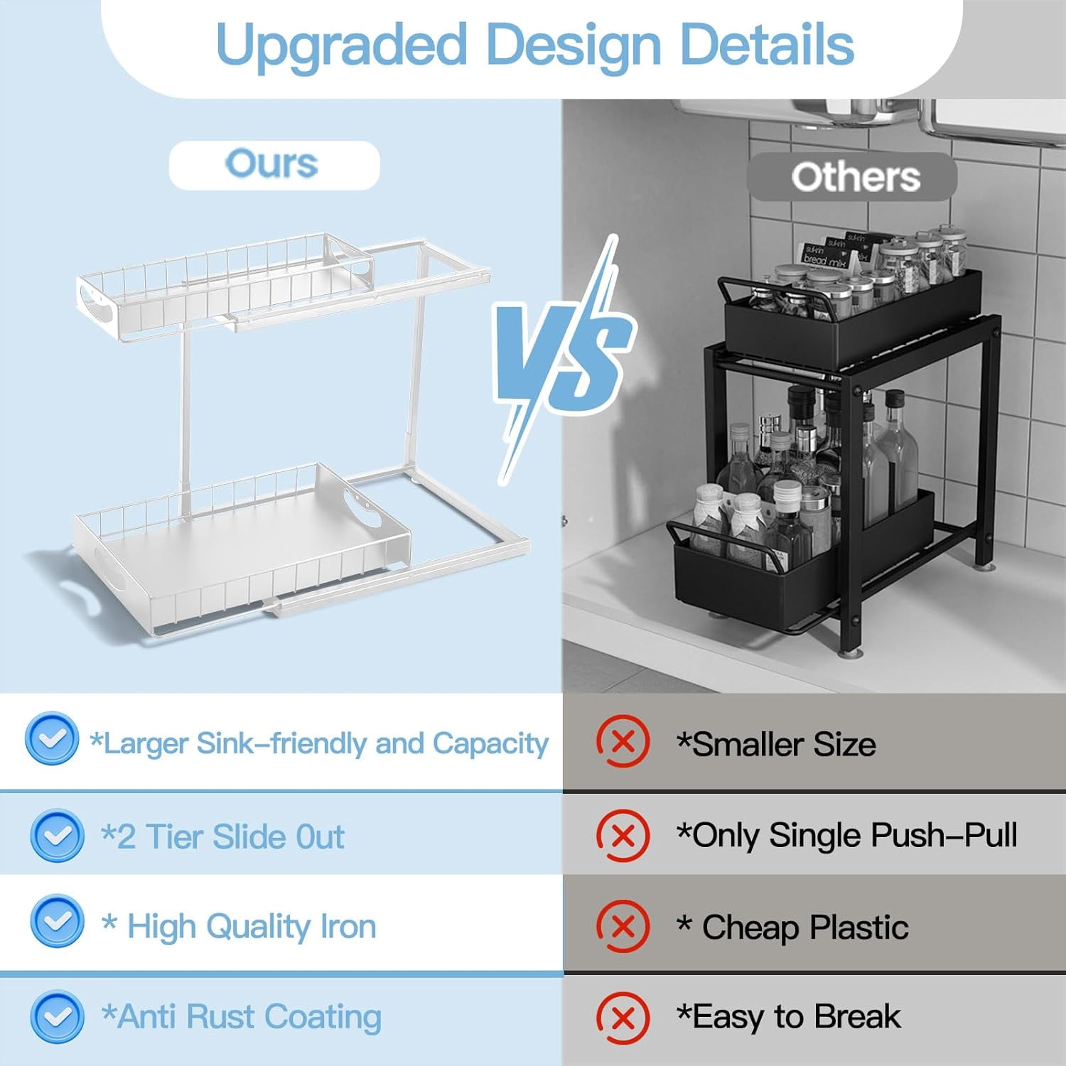 2 Pack Under Sink Organizer,Two Tier Sliding Kitchen Organization and Storage, Multi-Use Under Sink Organizer for Kitchen Bathroom Pantry Cabinet Closet,White