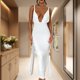 thumbnail image 4 of Vestido Dividido De Damas Vestido ajustado de noche para mujer Vestido sin espalda sexy con escote en V profundo (Blanco L) Kuymtek para Mujer Blanco T S, 4 of 5