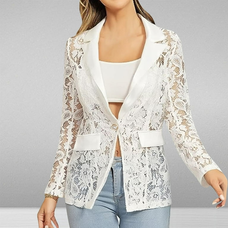 ジャケット White Tailored Cotton Lace Back Jacket APEXFWDT Women's Floral Lace Jacket Mesh One Button Lapel