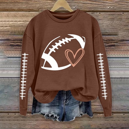 Game Day Sweatshirt Women Long Sleeve Crew Neck Gift Workout Tops Winter Clothes Football Season Shirts Cute Sweatshirts Tunic Tops Oversized Heart Graphic Solid Color Fall Fashion Must Haves Brown