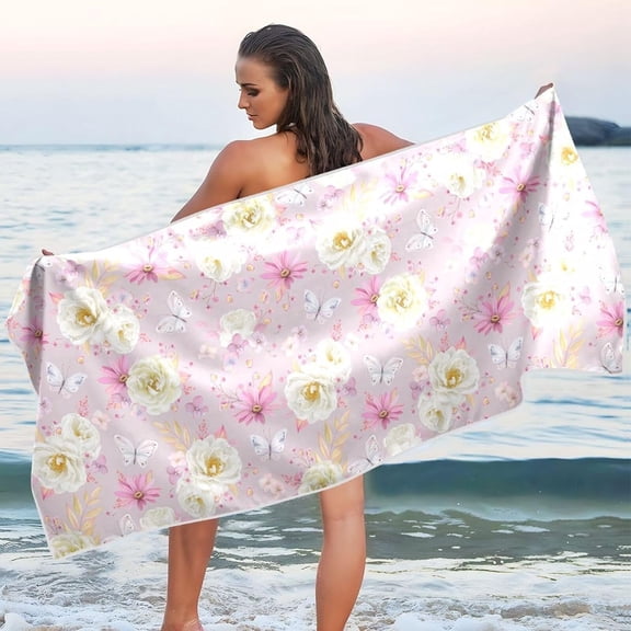 White Roses Butterflies Microfiber Beach Towel Absorbent Bath Towel Quick Dry Portable Travel Towel for Gym Yoga Swim- 30x60in Wash cloth