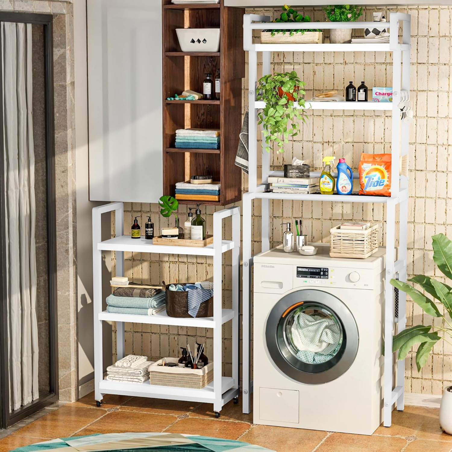 LinkRomat 6-Tier Farmhouse Bathroom Shelf, Over Toilet Organizer with Rolling Cart & 6 Hooks, Space Saving Storage Rack for Bathroom, White