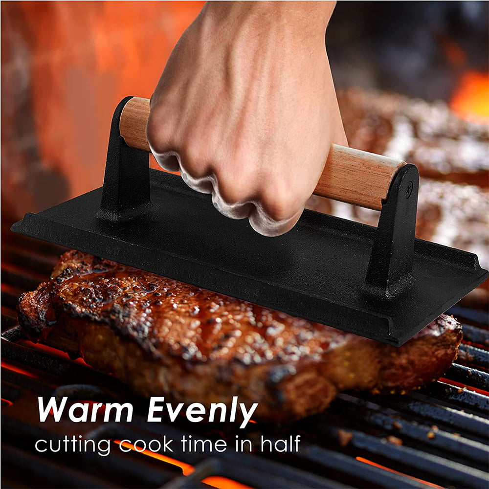 Uno Casa Cast Iron Grill Press Vented Design Griddle Press for Steak 9x4.5 Inch Heavy Duty Bacon/Burger Press Panini Pre-Seasoned XL Hamburger Press with Stainless Steel Knob 