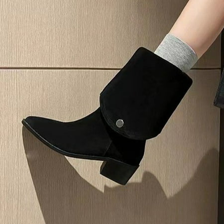 

Tawop Womens Summer Shoes Low Heel Boot Zipper Calf Boots Round Toe Chunky Heel Non-Slip Boot Rubber Black 40(Us:7.5)