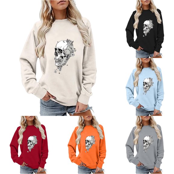 Halloween Sweatshirt for Women Hoodless Sweatshirt Cozy Pullover Top in Soft Knit with Relaxed Fit for Casual Wear and Versatile Comfort Beige L