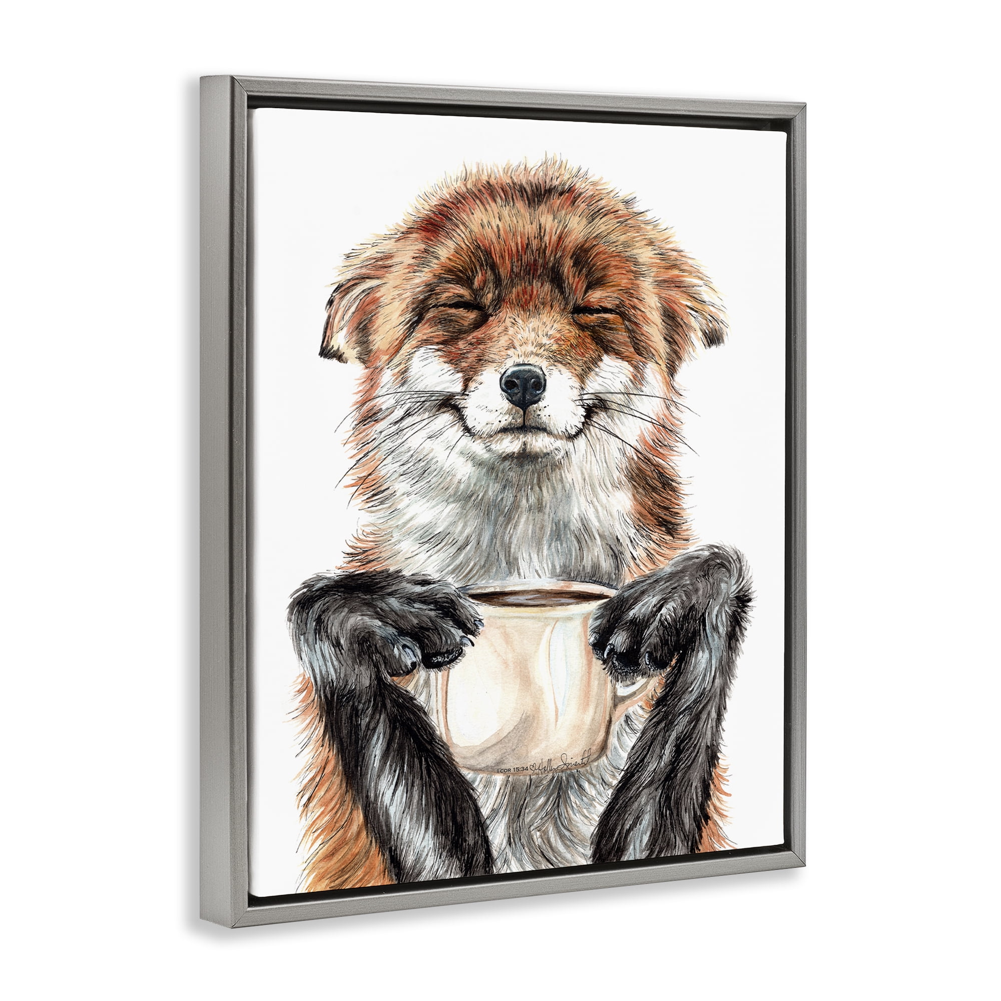 Stupell Industries Happy Fox with Coffee Animals Painting Gray Floater Framed Canvas Art Print Wall Art, 25 x 31