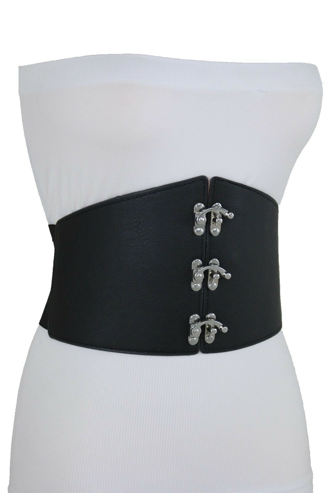 Women High Waist Stretch Black Wide Faux Leather Fashion Corset Belt Zipper S M 