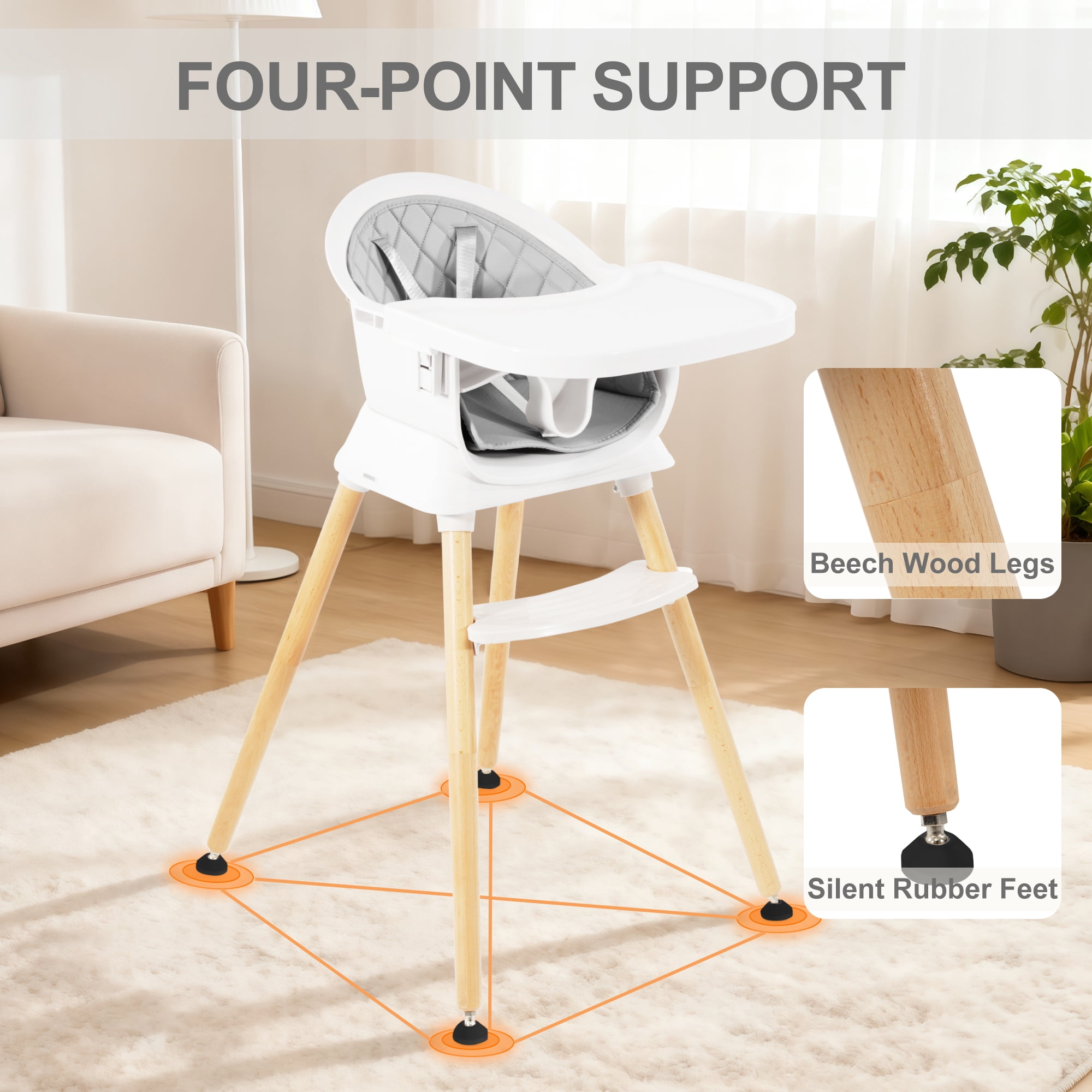 Signature Fitness Multi-Purpose Wooden High Chair，Modern Baby and Toddler Feeding Chair, Easy-to-Clean，with Adjustable Design