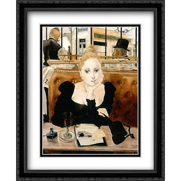 Cafe 2x Matted 26x32 Large Black Ornate Framed Art Print by Tsuguharu Foujita