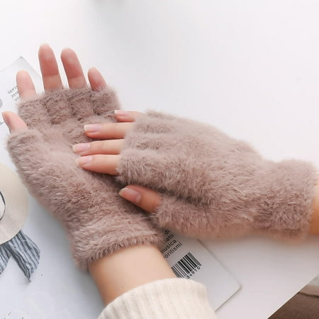 

ZMHIXM Women Men Half Finger Mink Gloves Touch Screen Woolen Warm Mittens Arm Warmers Knitted Gloves(Khaki)