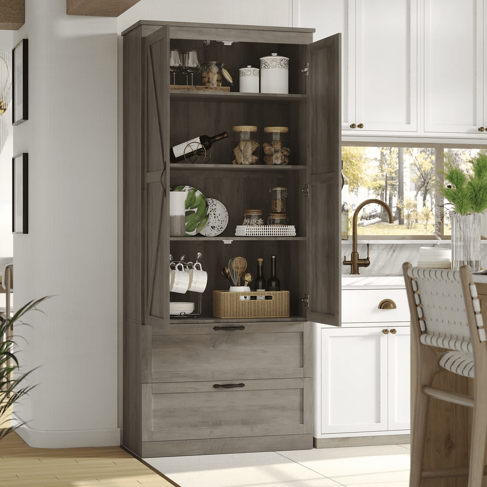 Homfa 70'' Tall Kitchen Pantry with Shelf & Drawer, Farmhouse 2 Door Pantry Storage Cabinet for Dining Room Living Room, Wash Gray