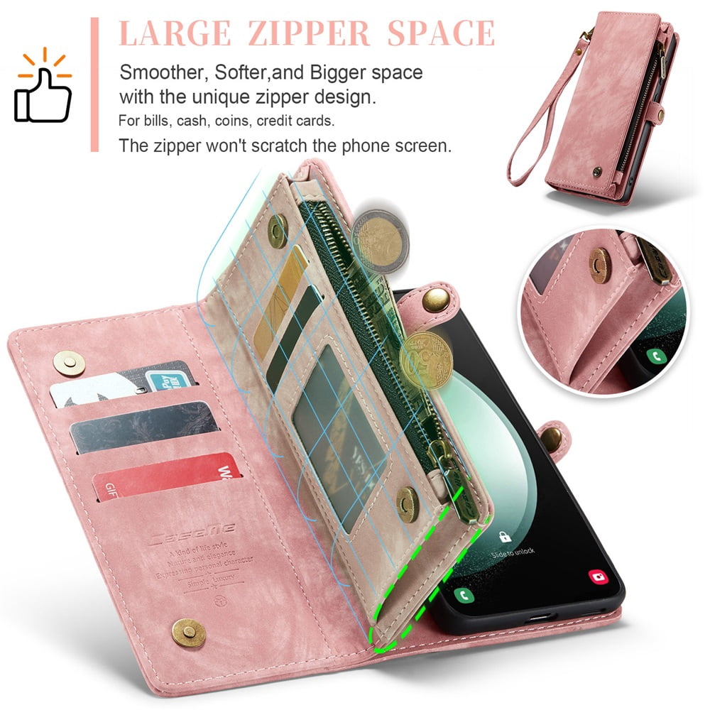 CaseMe Leather Case for Samsung Galaxy S23 FE 5G,2 in 1 Detachable Wallet Case with 8-Card Holder Zipper Bills Slot,Magnetic Shockproof Flip Leather Cover Zipper Pocket Phone Cases,Pink