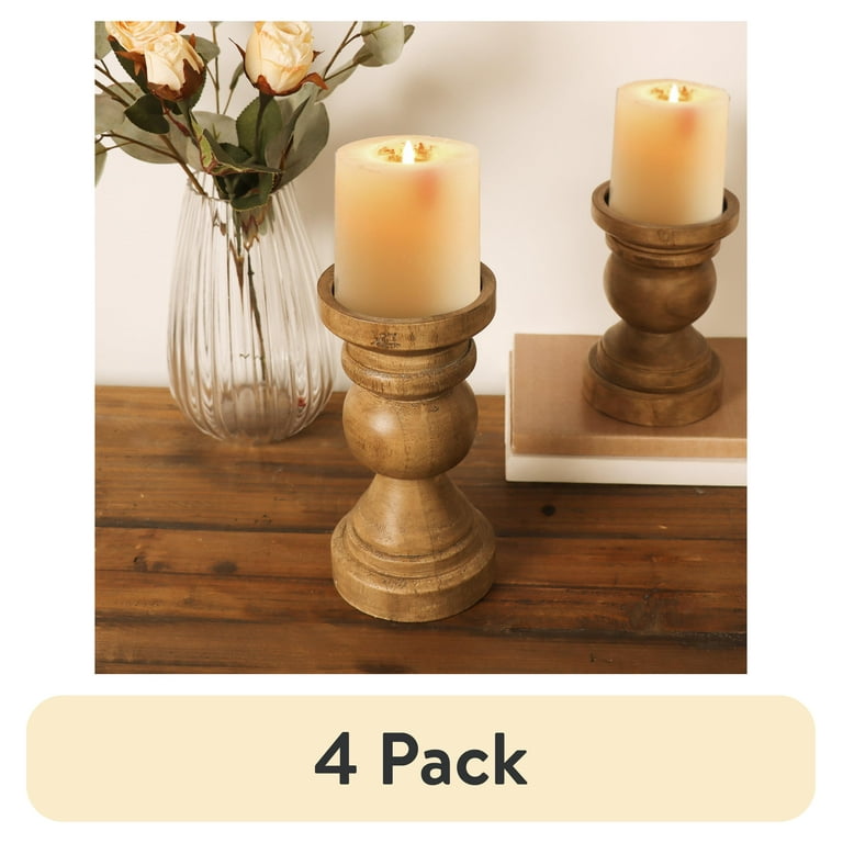 Mainstays Decorative Wood Pillar Candleholder, Teak, 4-Pack photo 1