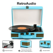RetroAudio Vinyl Record Player Portable Suitcase Bluetooth Audio Turntable with Built-in Speakers 3-speed,Blue