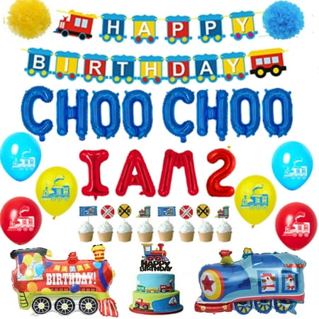 Train 2nd Birthday Party Decorations Supplies for 2 Year Old Boy - Choo Choo Im Two Balloons Happy Birthday Banner for Chugga Chugga Two Two Railroad Party Decorations 2nd Birthday Party Supplies