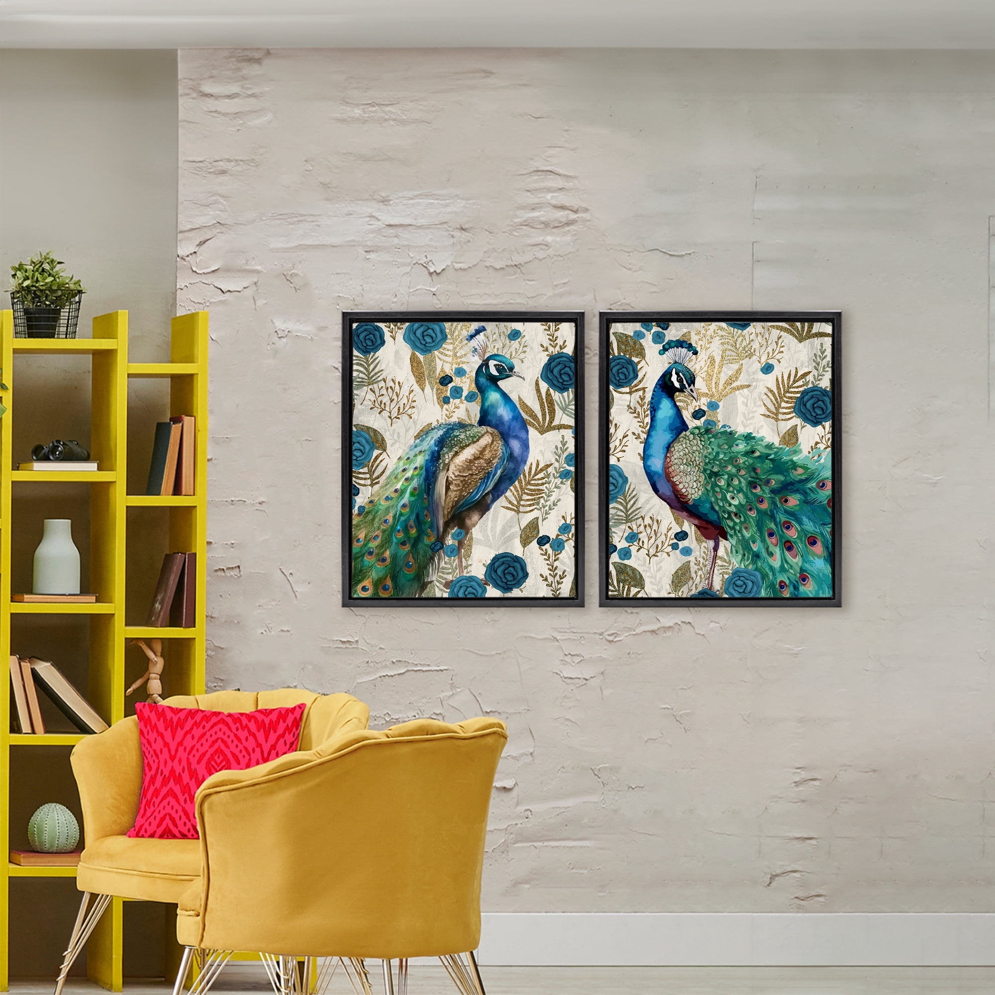 Stupell Industries Floral Peacock Pride 2 Piece Black Framed Floater Canvas Set, design by Kim Allen