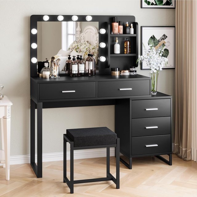 Semiocthome Makeup Vanity with 10 LED Lights Mirror,Dressing Table with 5 Drawers for Bedroom, Black