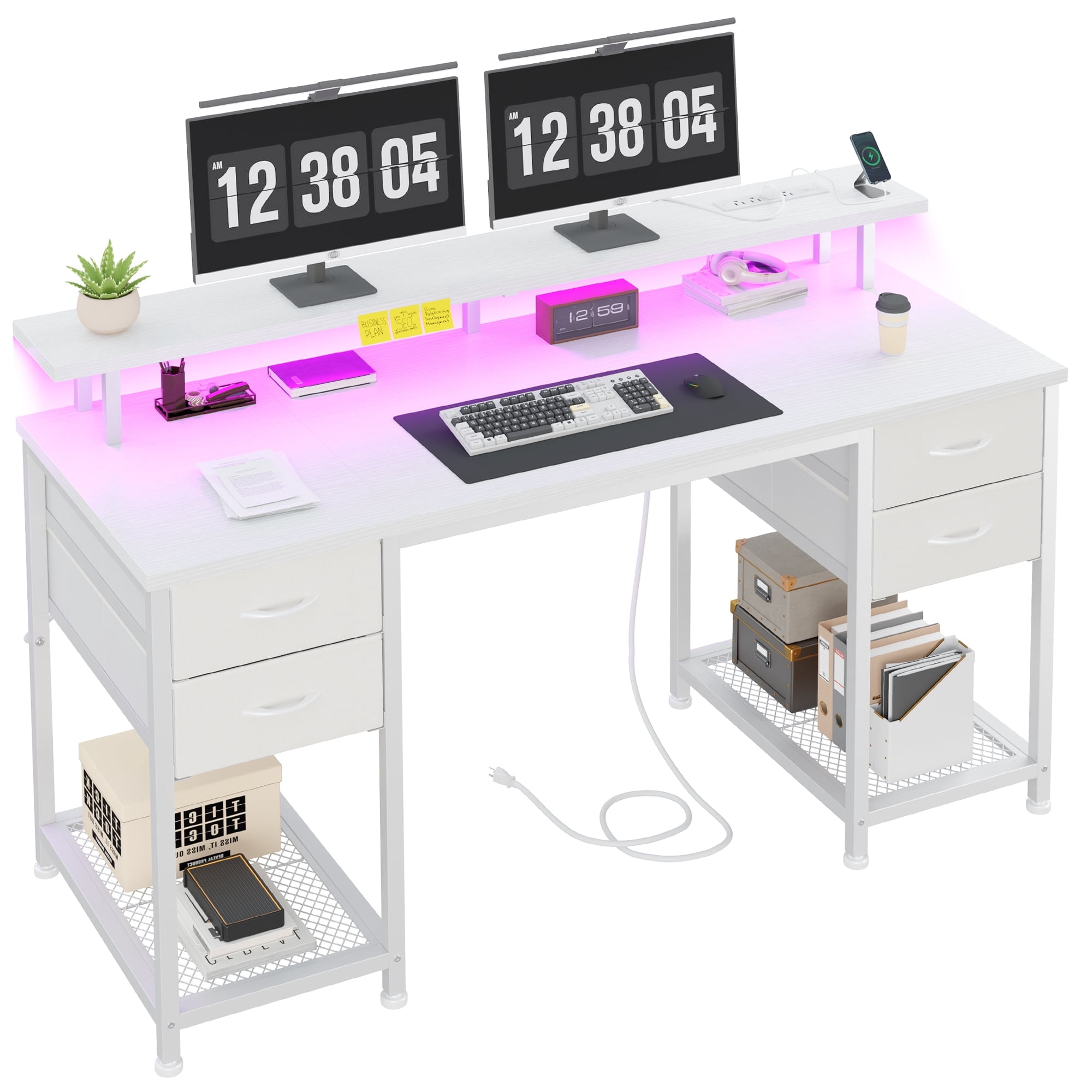 EnHomee Office Desk with 4 Fabric Drawers Gaming Desk with storage Computer Desk for Bedroom, White