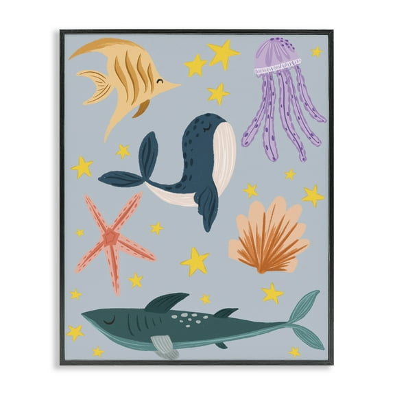 Stupell Industries Whimsical Marine Creatures Animals Painting Black Framed Art Print Wall Art, 11 x 14