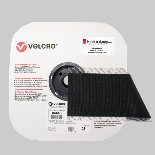 VELCRO® Brand 4" Black Hook Pressure Sensitive Adhesive Acrylic