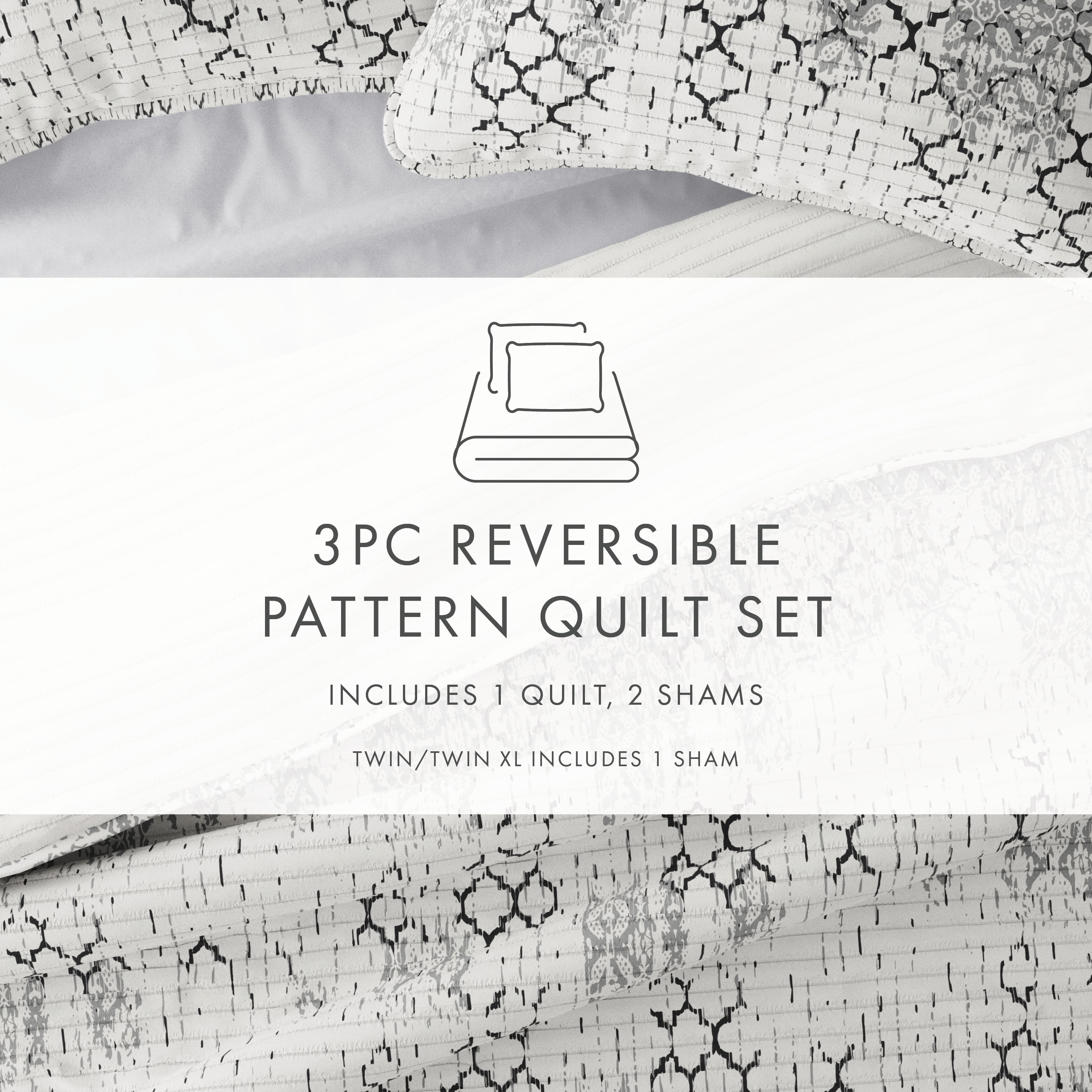 Noble Linens Light Grey 3 Piece Distressed Aztec Reversible Microfiber Quilt Set, Queen / Full