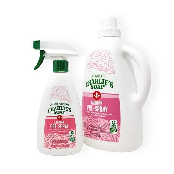Charlie’s Soap, Laundry Pre-Spray Stain Remover Refill Kit Natural Laundry Pretreat and Stain Remover, 75 Fl Oz Refill and 16.9 Fl Oz Sprayer - Pack of 2