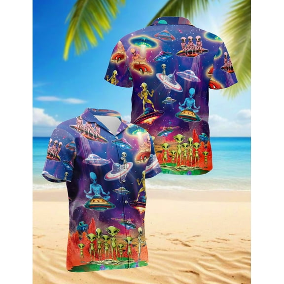 Galaxy Alien Hawaiian Shirt for Men, Button Down Summer Beach Short Sleeve, S-5XL