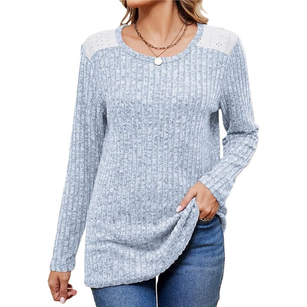 Camisas de Larga y Cuello Redondo para Mujer, Corte Holgado, Estilo Túnica Informal Elegante, Suéter, Ropa de Otoño e Invierno Azul M