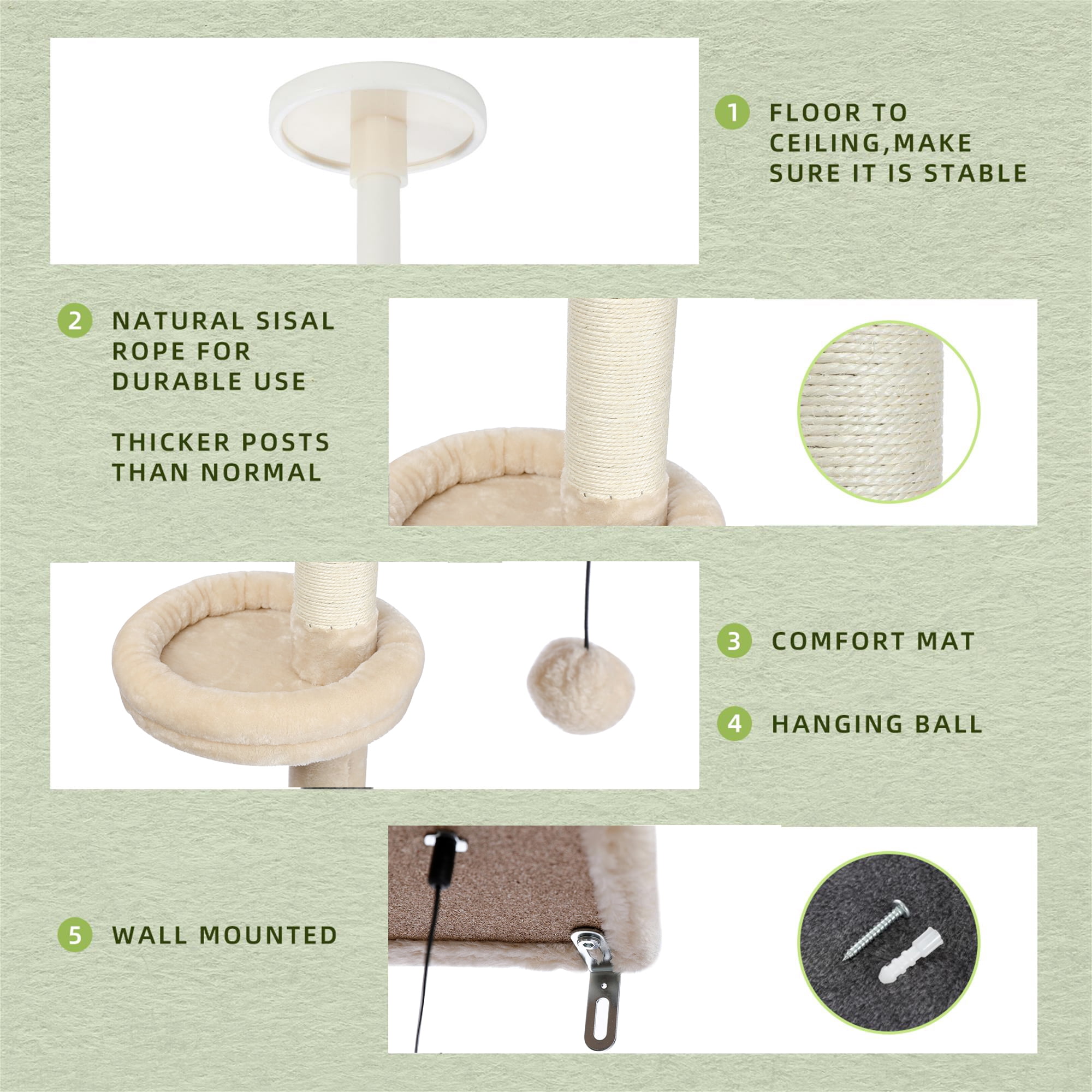 Pefilos Cat Tree Tower Interactive Adjustable 90"-108" Tall, 5-Tier Floor to Ceiling Cat Tower for Indoor Cats, Beige